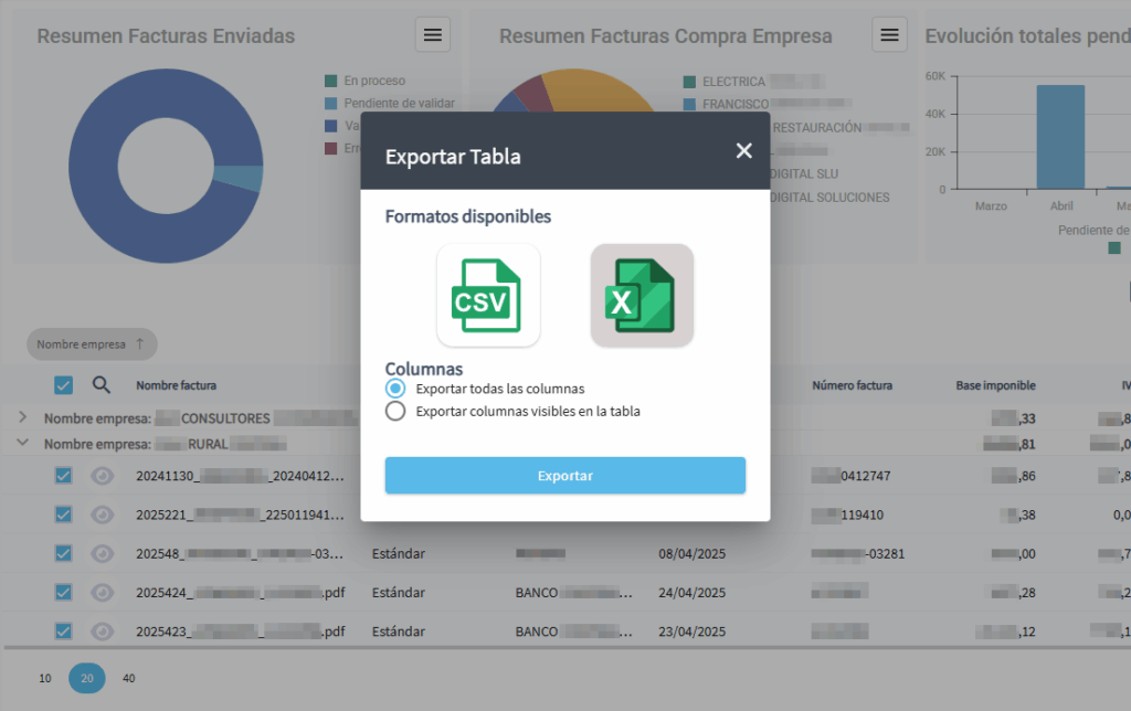 Ventana de exportación de datos a CSV y Excel en Digitaldocu