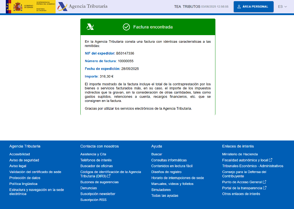 Confirmación de factura en la Agencia Tributaria con Digitaldocu