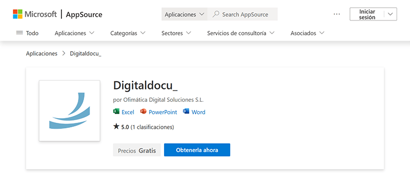 complemento Digitaldocu en la tienda de Microsoft, mostrando su logo y el texto que resalta la integración con Word, Excel y PowerPoint.