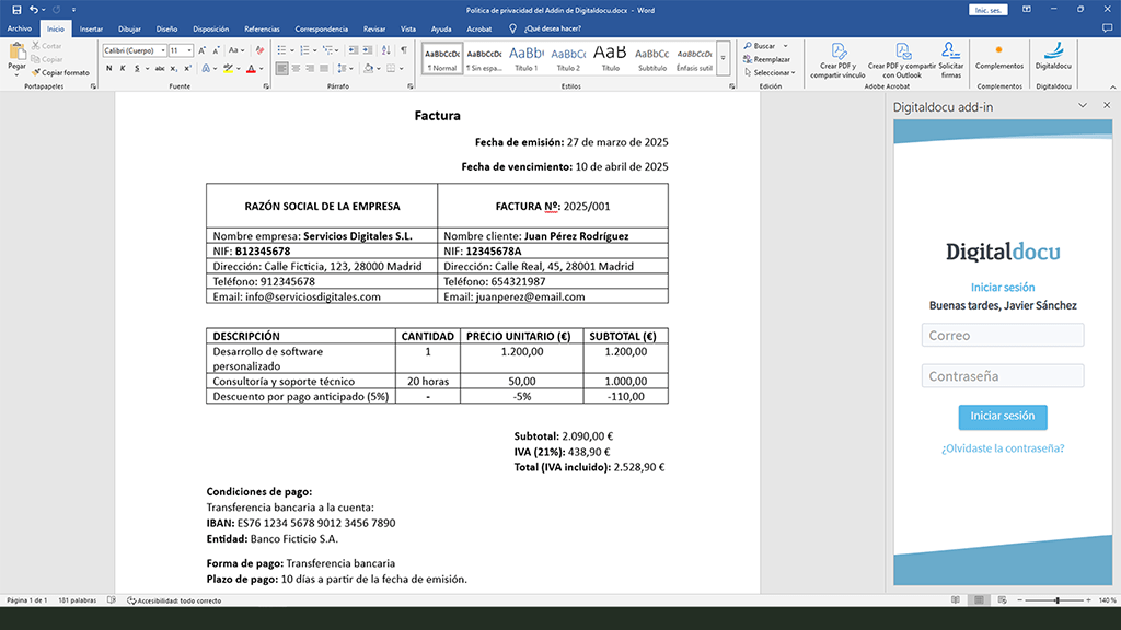 Captura de pantalla del complemento Digitaldocu integrado en un documento de Word, mostrando el panel lateral del add-in para guardar una factura de forma organizada.