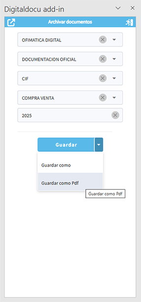Captura de pantalla del complemento Digitaldocu en Word, con el panel de archivado abierto y los campos de metadatos (tipo de documento, año, etc.) ya seleccionados.