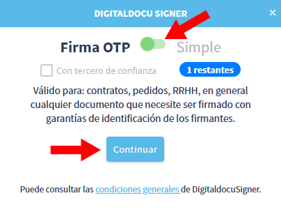 Ventana emergente del módulo Digitaldocu Signer con la opción de Firma OTP activada.