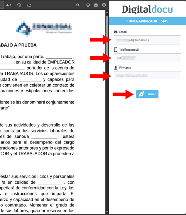 Captura de pantalla de la interfaz de Digitaldocu Signer mostrando un contrato de trabajo con un formulario para firma electrónica avanzada.
