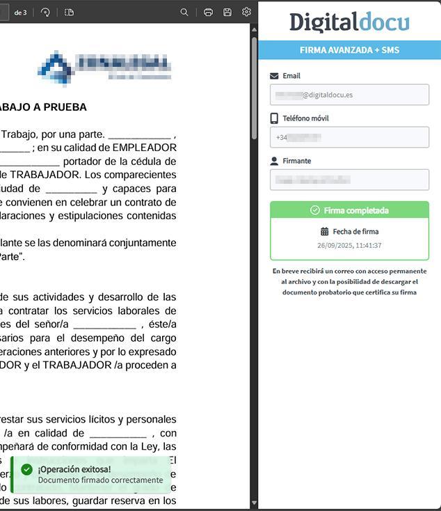Captura de pantalla de Digitaldocu Signer mostrando un contrato de trabajo con un mensaje de confirmación de firma exitosa.