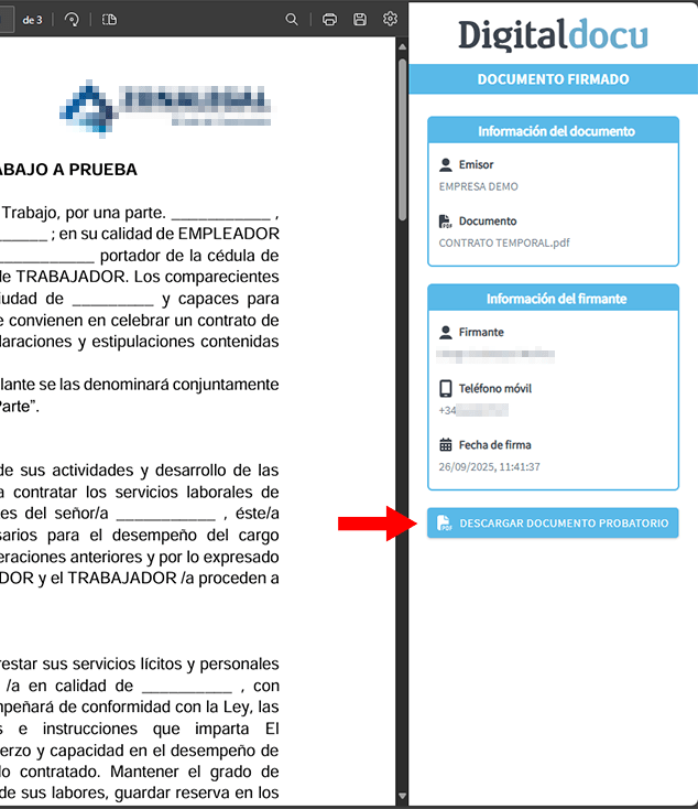 Captura de pantalla de Digitaldocu Signer que muestra un contrato de trabajo firmado con una flecha roja que apunta a un botón para descargar el documento probatorio.