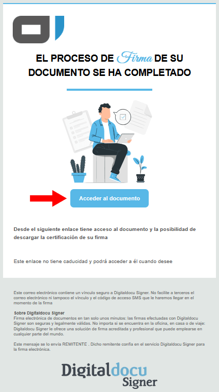 Correo electrónico de Digitaldocu Signer que informa que la firma de un documento se ha completado, con una flecha roja apuntando al botón "Acceder al documento".
