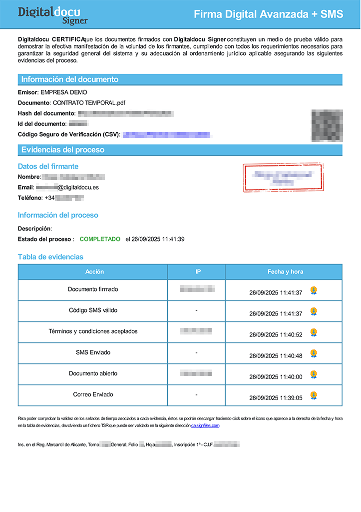 Captura de pantalla de un documento probatorio de Digitaldocu Signer que detalla la información del firmante y un código de verificación por SMS.