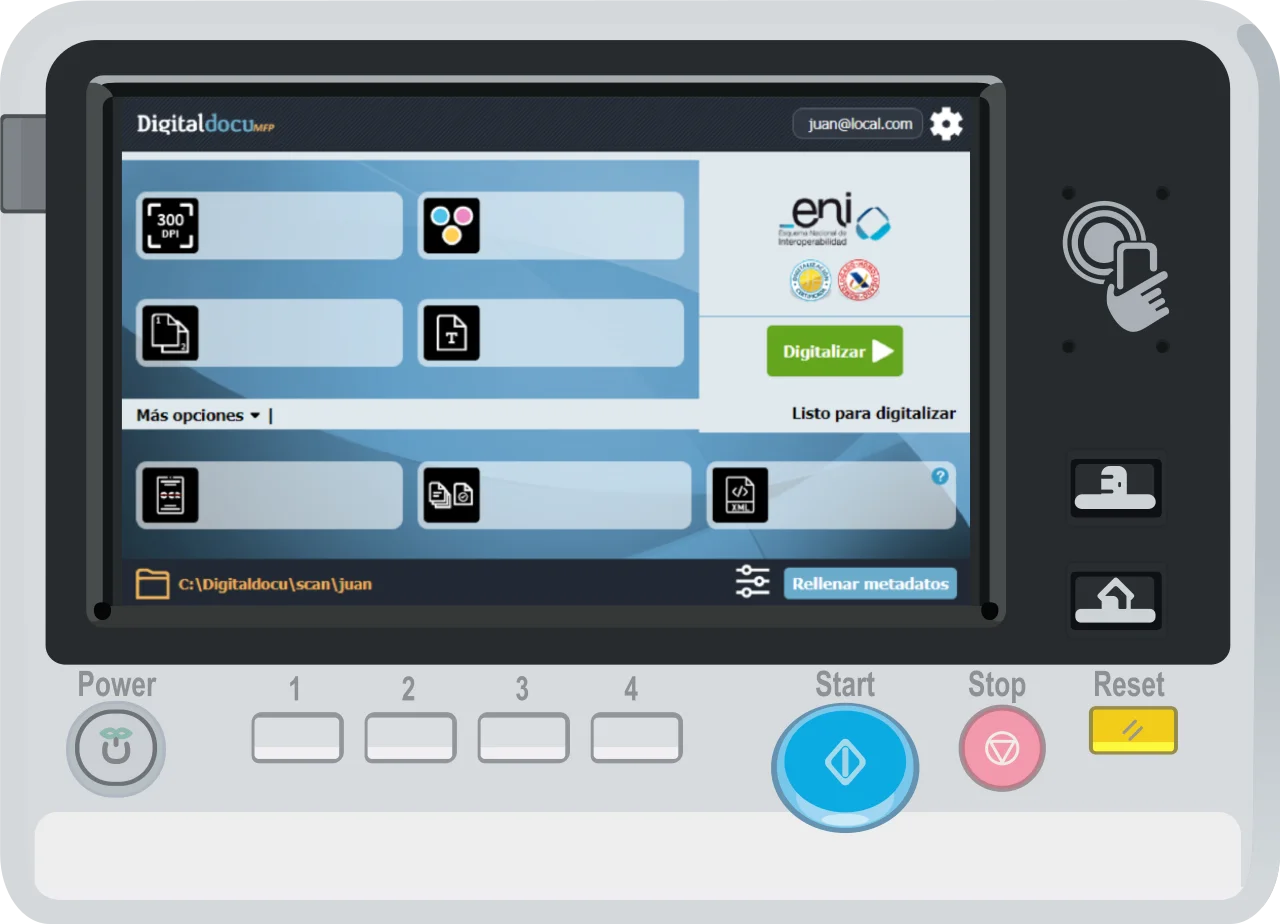 Mockup de software Digitaldocu MFP en pantalla de escáner multifunción